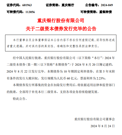 重慶銀行：成功發(fā)行60億元二級資本債券