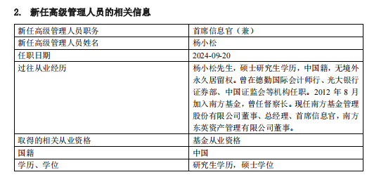 南方基金完成高管團隊換屆 楊小松擔(dān)任公司總經(jīng)理