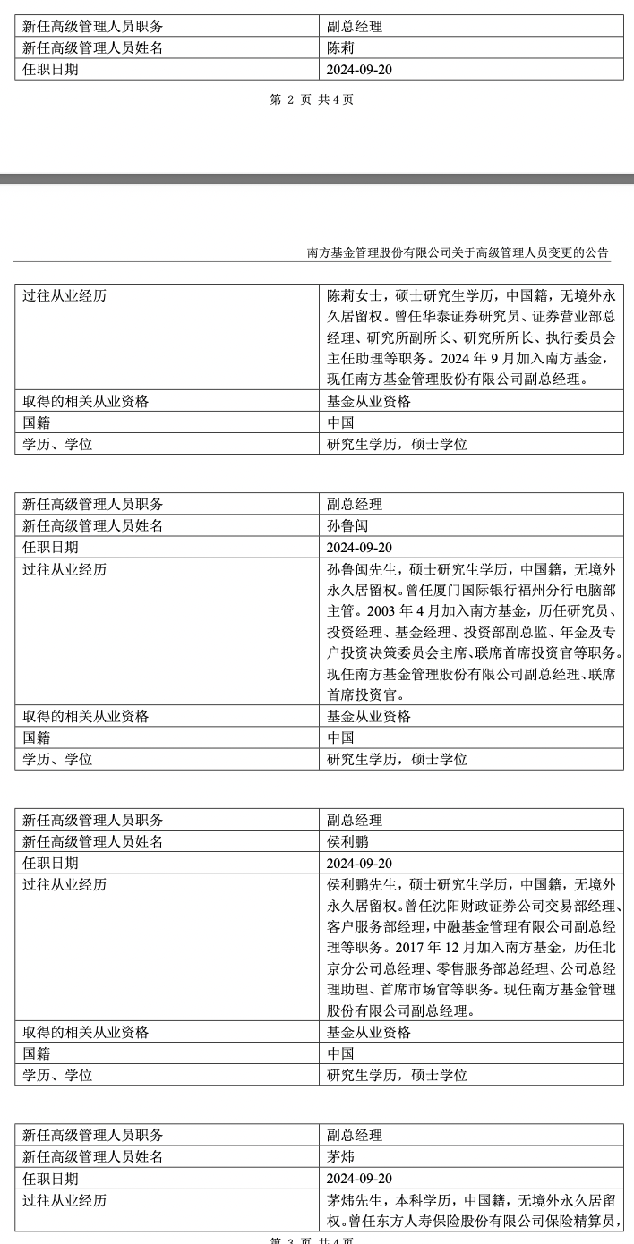 萬億公募南方基金高管團隊換屆：新聘任四位副總經(jīng)理，三人卸任  第2張