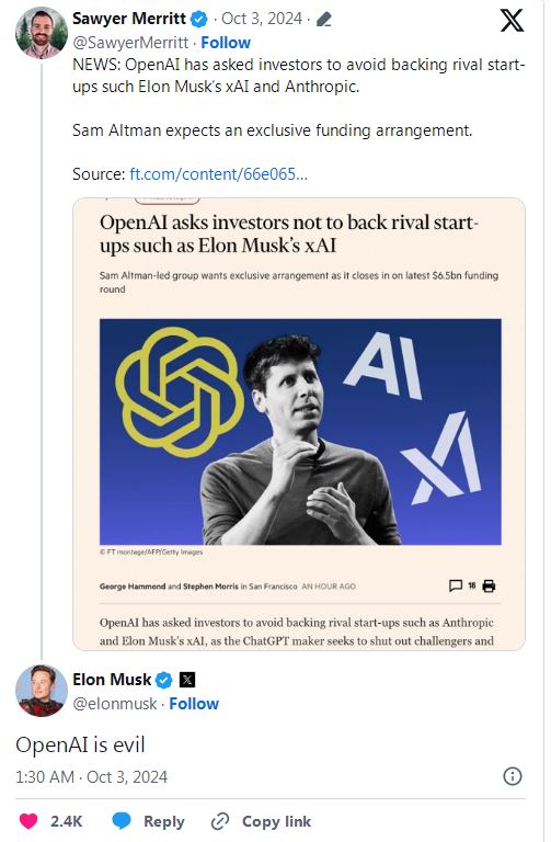 OpenAI要求投資者不要支持xAI等競爭對手，馬斯克回應(yīng)：真邪惡！  第1張