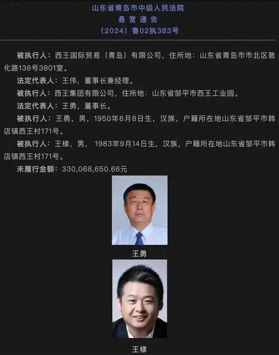 西王集團成“老賴”，法院最高懸賞990萬，征集其董事長王勇財產(chǎn)線索